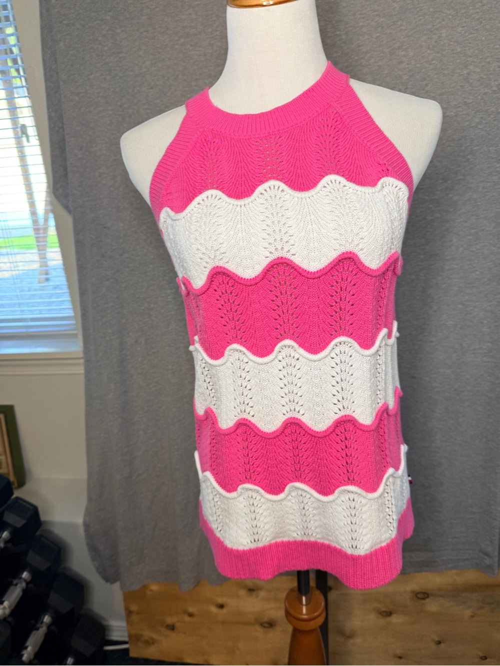 Tommy Hilfiger Pink and White Wave Knit Halter Tank